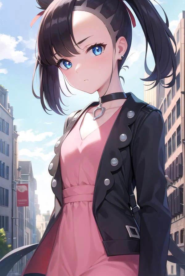 pokemonmarnie, <lyco:pokemonmarnie-lyco-nochekaiser:1>,
pokemonmarnie, aqua eyes, asymmetrical bangs, asymmetrical hair, black hair, hair ribbon, long hair, red ribbon, ribbon, twintails, (small breasts:1.2),
BREAK backpack, bag, black choker, black jacket, choker, dress, earrings, jacket, jewelry, long sleeves, open clothes, pink bag, pink dress,
BREAK looking at viewer, full body, upper body,
BREAK outdoors, city, sky,
BREAK <lyco:GoodHands-beta2:1>, (masterpiece:1.2), best quality, high resolution, unity 8k wallpaper, (illustration:0.8), (beautiful detailed eyes:1.6), extremely detailed face, perfect lighting, extremely detailed CG, (perfect hands, perfect anatomy),
