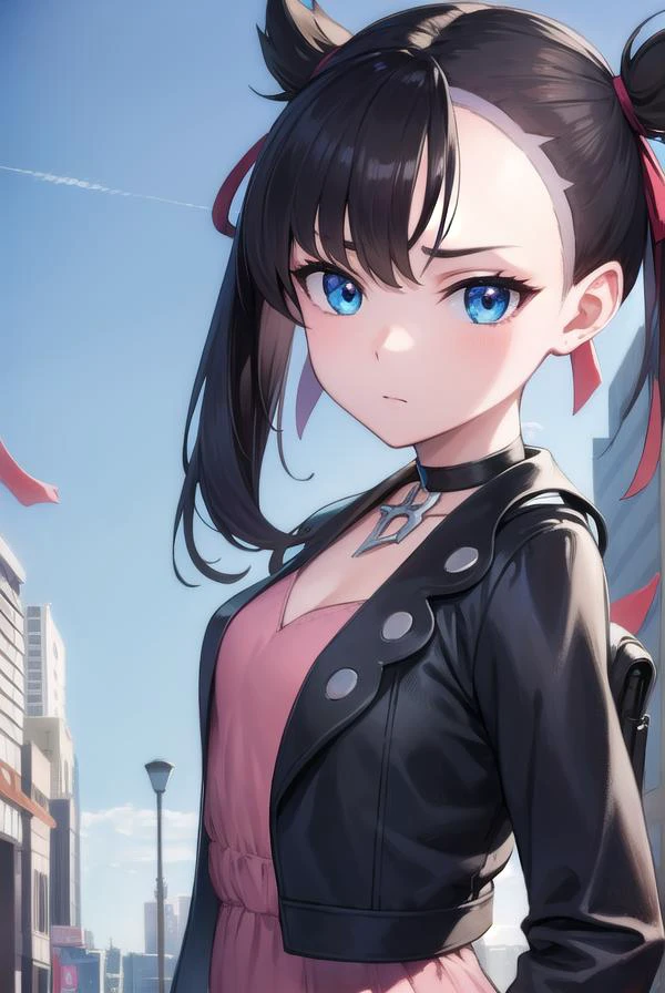 pokemonmarnie, <lyco:pokemonmarnie-lyco-nochekaiser:1>,
pokemonmarnie, aqua eyes, asymmetrical bangs, asymmetrical hair, black hair, hair ribbon, long hair, red ribbon, ribbon, twintails, (small breasts:1.2),
BREAK backpack, bag, black choker, black jacket, choker, dress, earrings, jacket, jewelry, long sleeves, open clothes, pink bag, pink dress,
BREAK looking at viewer, full body, upper body,
BREAK outdoors, city, sky,
BREAK <lyco:GoodHands-beta2:1>, (masterpiece:1.2), best quality, high resolution, unity 8k wallpaper, (illustration:0.8), (beautiful detailed eyes:1.6), extremely detailed face, perfect lighting, extremely detailed CG, (perfect hands, perfect anatomy),