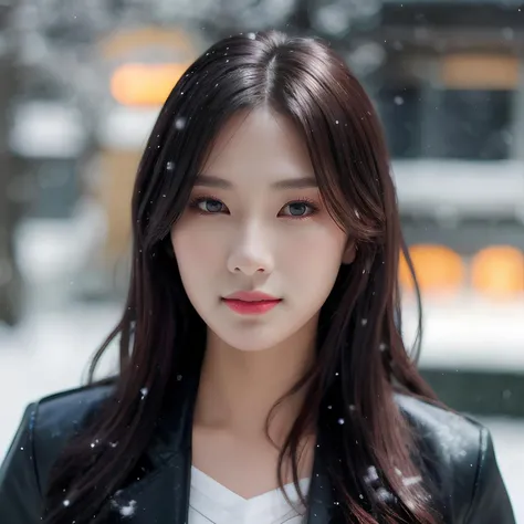 hyper realistic lifelike texture dramatic lighting unreal engine trending on art station, award winning photo, nikon RAW photo,8 k, Fujifilm XT3,masterpiece, best quality, realistic, photorealistic, ultra detailed, extremely detailed face, solo,1girl, standing, fashionable and trendy atmosphere, high-end makeup products, and a stylish expression on her face, snowing, wearing jacket outside, (upper body),