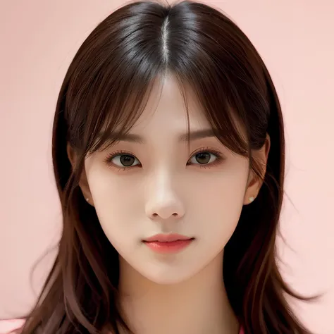 pink background, hyper realistic lifelike texture dramatic lighting unreal engine trending on art station, award winning photo, nikon RAW photo,8 k, Fujifilm XT3,masterpiece, best quality, realistic, photorealistic, ultra detailed, extremely detailed face, solo,1girl, standing, fashionable and trendy atmosphere, high-end makeup products, and a stylish expression on her face, close up, pink t-shirt, closed mouth, closed lips, looking at viewer,