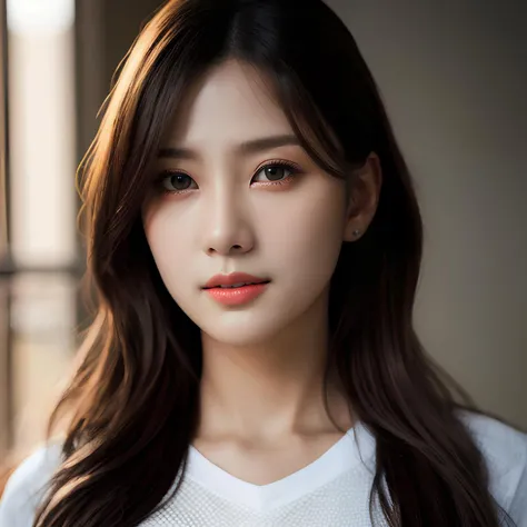 hyper realistic lifelike texture dramatic lighting unreal engine trending on art station, award winning photo, nikon RAW photo,8 k, Fujifilm XT3,masterpiece, best quality, realistic, photorealistic, ultra detailed, extremely detailed face, solo,1girl, standing, fashionable and trendy atmosphere, close up, t-shirt, smooth hair