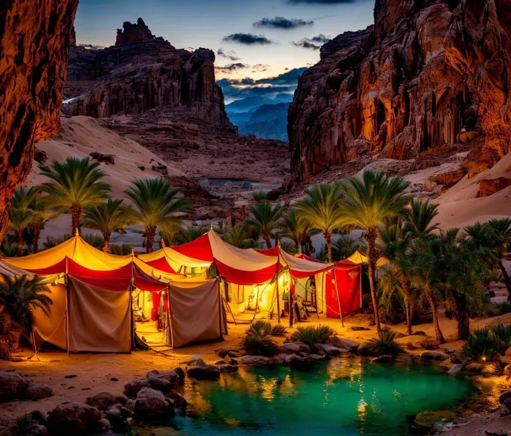 (masterpiece:1.2), (best quality,:1.2), 8k, HDR, ultra detailed, ((photorealistic)), professional light, cinematic lighting, fashion photography, ambient lighting, atmospheric effects, <lora:detail_slider_v4:3>, a group of brown nomad tents in an oasis at a small river, FanDe, <lora:FantasyDesert-10:1>, epiCPhoto