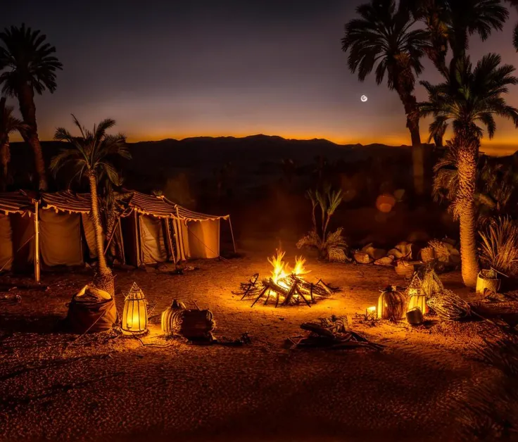 (masterpiece:1.2), (best quality,:1.2), 8k, HDR, ultra detailed, ((photorealistic)), professional light, cinematic lighting, fashion photography, ambient lighting, atmospheric effects, <lora:detail_slider_v4:3>, night in the desert, a small campfire, palm trees, a brown tent, FanDe, <lora:FantasyDesert-10:1>, epiCPhoto