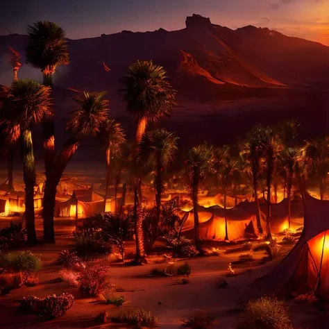 (masterpiece:1.2), (best quality,:1.2), 8k, HDR, ultra detailed, ((photorealistic)), professional light, cinematic lighting, fashion photography, ambient lighting, atmospheric effects, <lora:detail_slider_v4:3>, DarkFantasy, a fantasy oasis with bedouin tents in a sandy desert, FanDe, <lora:FantasyDesert-10:1>, epiCPhoto