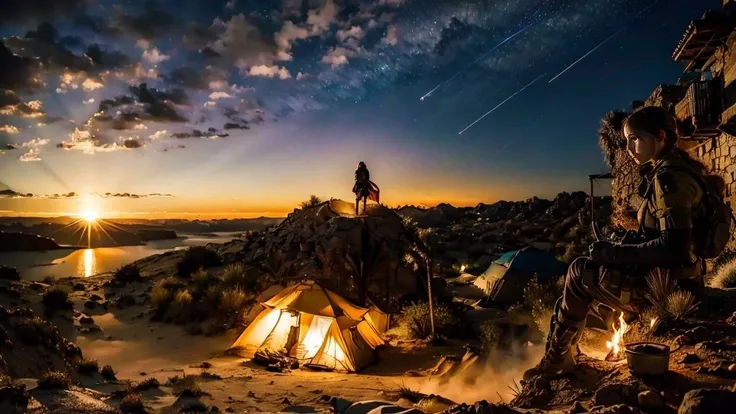 realistic analog photo, award winning photo,
1girl, 
 <lora:FantasyDesert:0.75> fande, desert, pasis, ruined structers,  firepit, tent camp,night,  blue hour, 
starfilled night sky
RAW, highres, 8k, uhd, High Dynamic Range, tonemapping, crisp details, 
AND
1girl,  <lora:A_Quiet_MGS:1> qmgs, quiet (metal gear solid)