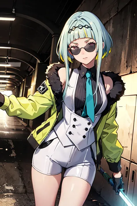 best quality, masterpiece, a cool picture of ringosh2, shirt, jacket, black gloves, necktie, hairband, white shorts, cowboy shot, dutch angle, abandoned subway, confident, holding sword, sunglasses, <lora:Ringo_Fp:1>