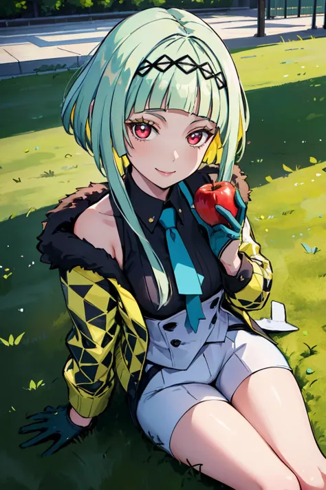 best quality, masterpiece, a cute picture of ringosh2, shirt, jacket, black gloves, necktie, hairband, white shorts, sitting, dutch angle, close up, park, day, smile, happy, looking at viewer, holding apple, from above, <lora:Ringo_Fp:1>