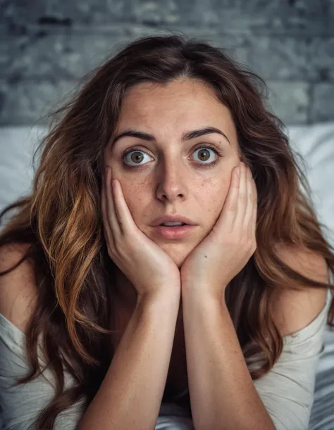 ((portrait)), ((closeup)), ((lying in bed on front)), (head resting on hands), (surprised) 32 year old greek woman, natural skin, (skin moles), (blemishes:0.5), ((long)) wavy auburn hair, big black eyes, concrete wall, gray wood, bright interior, (cinematic), cozy interior,realistic,vignette, highly detailed, high budget, bokeh, cinemascope, moody, epic, gorgeous, film grain, grainy, <lora:Sweaty_Realism_4:0.4>