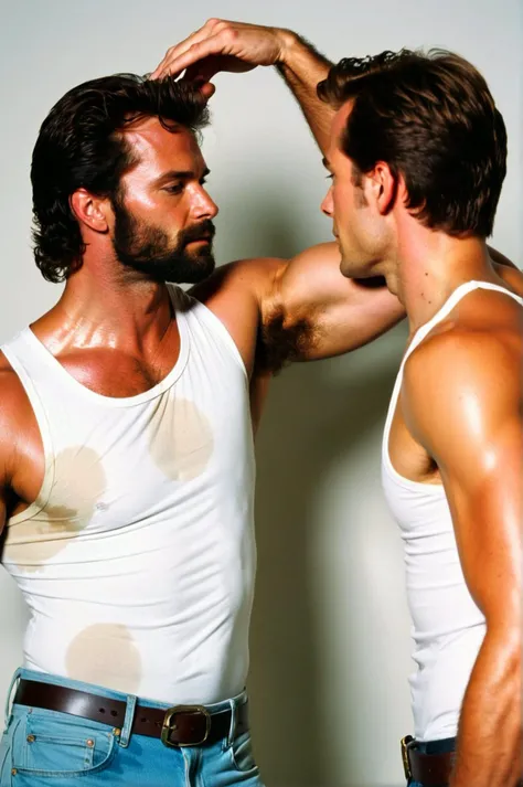 photo of 2 men, LoganHowlett Wolverine and Scott Summers, wearing a shirt, he is with his arms up outstretched, being sniffed by a pitlicker man's nose, he has a sideburns, body hair, pointed hair, white tanktop with sweat, (s3t on armpit:1.3), jeans, <lora:sweaty_shirt_v5-28-B1-Rescale:1.15:start=1>
, nose close to (armpit:0.2), 50mm, 35mm photo, grainy, vignette, vintage, Kodachrome, highly detailed, natural lighting, 4k, high quality, Fujifilm XT3 <lora:pitlicker_SDXL_v2:0.9:stop=10:lbw=0,1,1,1,1,1,0,0,0,0,0,0> <lora:Sweaty_Realism_4:0.35:lbw=0,0,0,0,0,0,1,1,1,1,1,1>