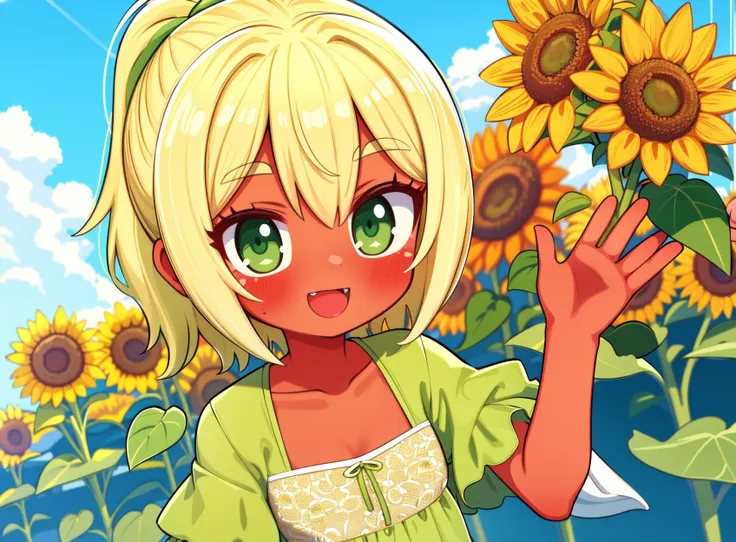 ultradetailed eyes, ultradetailed face, high quality, highres, masterpiece, sunflower, sunflower field, 1girl, cute face, happy face, summer dress, green dress, flat chest, green eyes, blush, blonde hair, dark skin, standing, waving