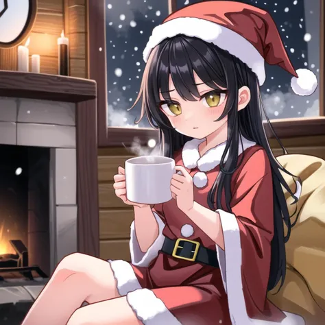 <lora:tooladd_detail:0.5>, 1girl, red robe with white puffballs, inside wooden log cabin, night time, sitting in big comfy chair in front of fireplace next to a big window white it is snowing outside, holding steaming mug, wearing (Santa hat:1.2),