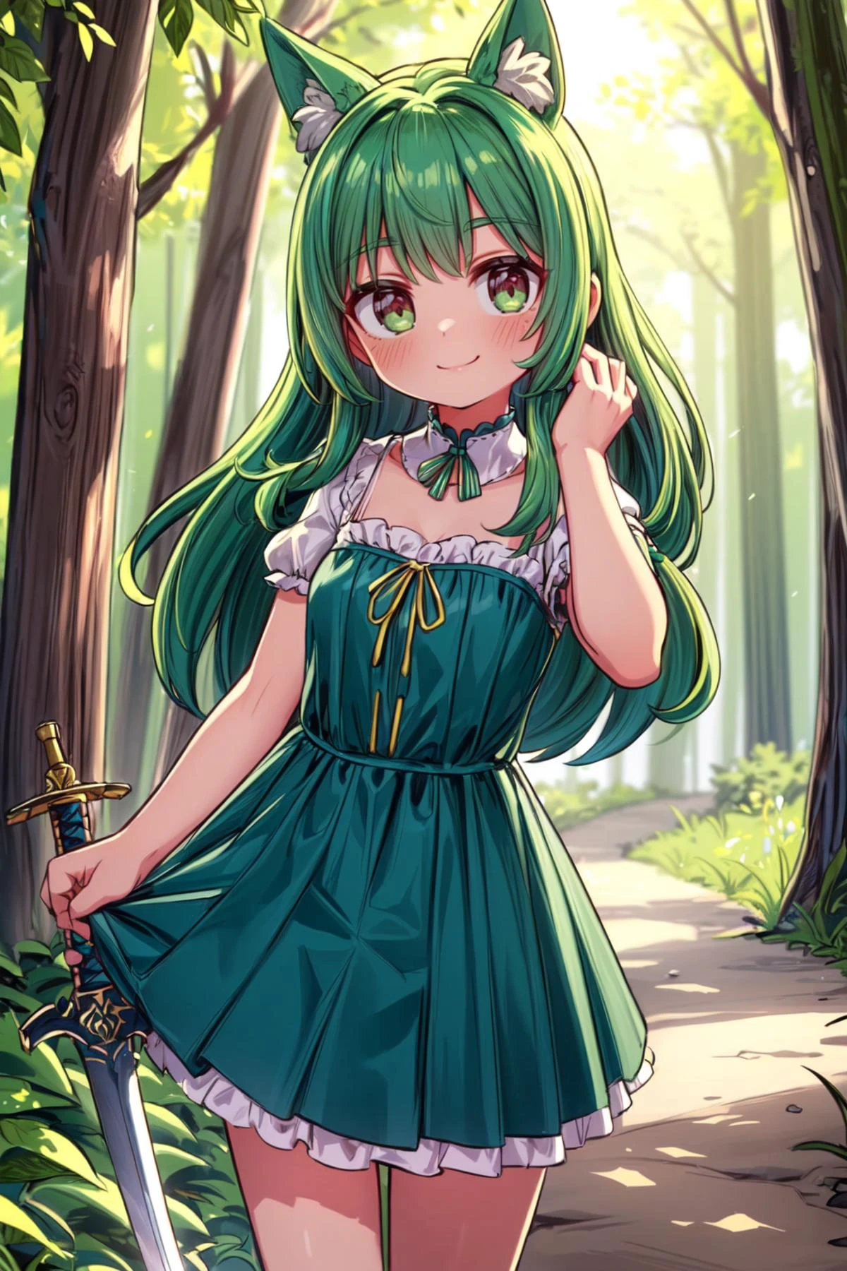 (masterpiece:1.2, best quality:1.2), depth of field:1.3, (beautiful, perfect, delicate, detailed, intricate, aesthetic:1.2), (solo), (smile, closed mouth), ((green hair)), long hair, <lora:more_details:0.45> (forest, dirt path), sword,