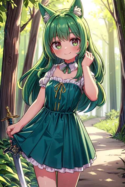 (masterpiece:1.2, best quality:1.2), depth of field:1.3, (beautiful, perfect, delicate, detailed, intricate, aesthetic:1.2), (solo), (smile, closed mouth), ((green hair)), long hair,  <lora:more_details:0.45>  (forest, dirt path), sword,