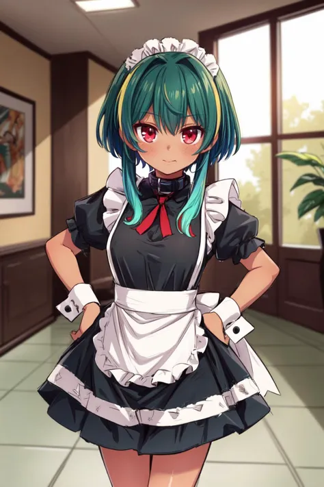 (masterpiece:1.2, best quality:1.2), ((((dark skin)))), <lora:more_details:0.45>, smile, closed mouth,  1girl, red eyes, slave collar, looking at viewer, outdoors, africa, wasteland, ribbon, cowboy shot, ((green hair)), mixed color hair, blue hair, (multicolored hair),  gradient hair, short hair with long locks, <lora:FrontLocks_v004:0.45> , ((frontlocks)), ((((maid)))), sexy, white apron, black maid clothes, maid headdress, (mansion, realistic background, lounge, estate, indoors, hallway), plants, tables, chairs, hands on hips