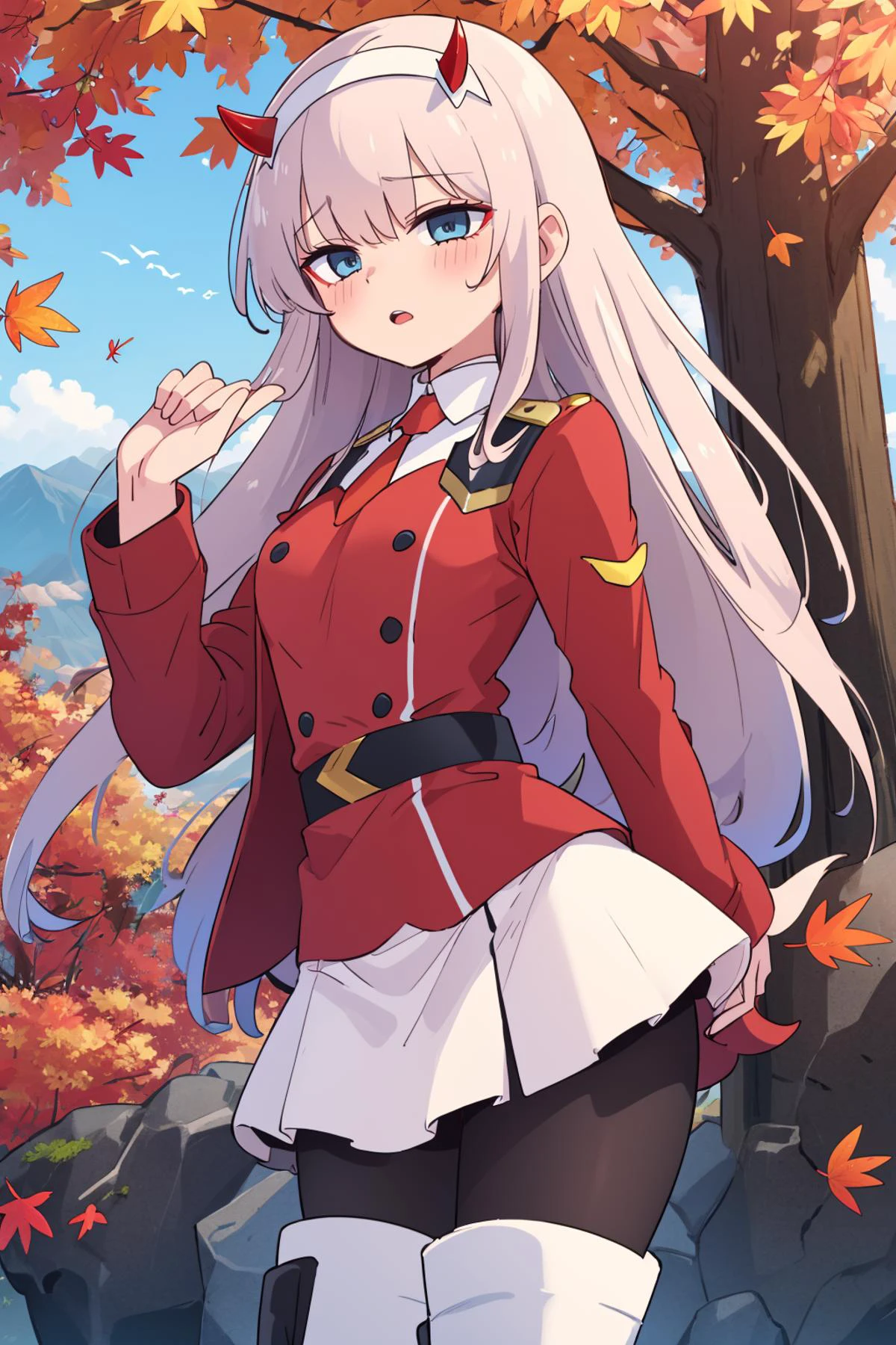 ((masterpiece)), (best quality), official art, extremely detailed CG, unity 8k wallpaper, ultra detailed,
1girl, zero_two, long hair, horns, hairband, white hairband, medium breasts, very long hair, straight hair, red horns, blue eyes, necktie, uniform, military, military uniform, long sleeves, (white boots:1.4), black pantyhose,
blush,
outdoors, upper body,
mountain, autumn leaves, wind,
<lora:zero_two:0.8>