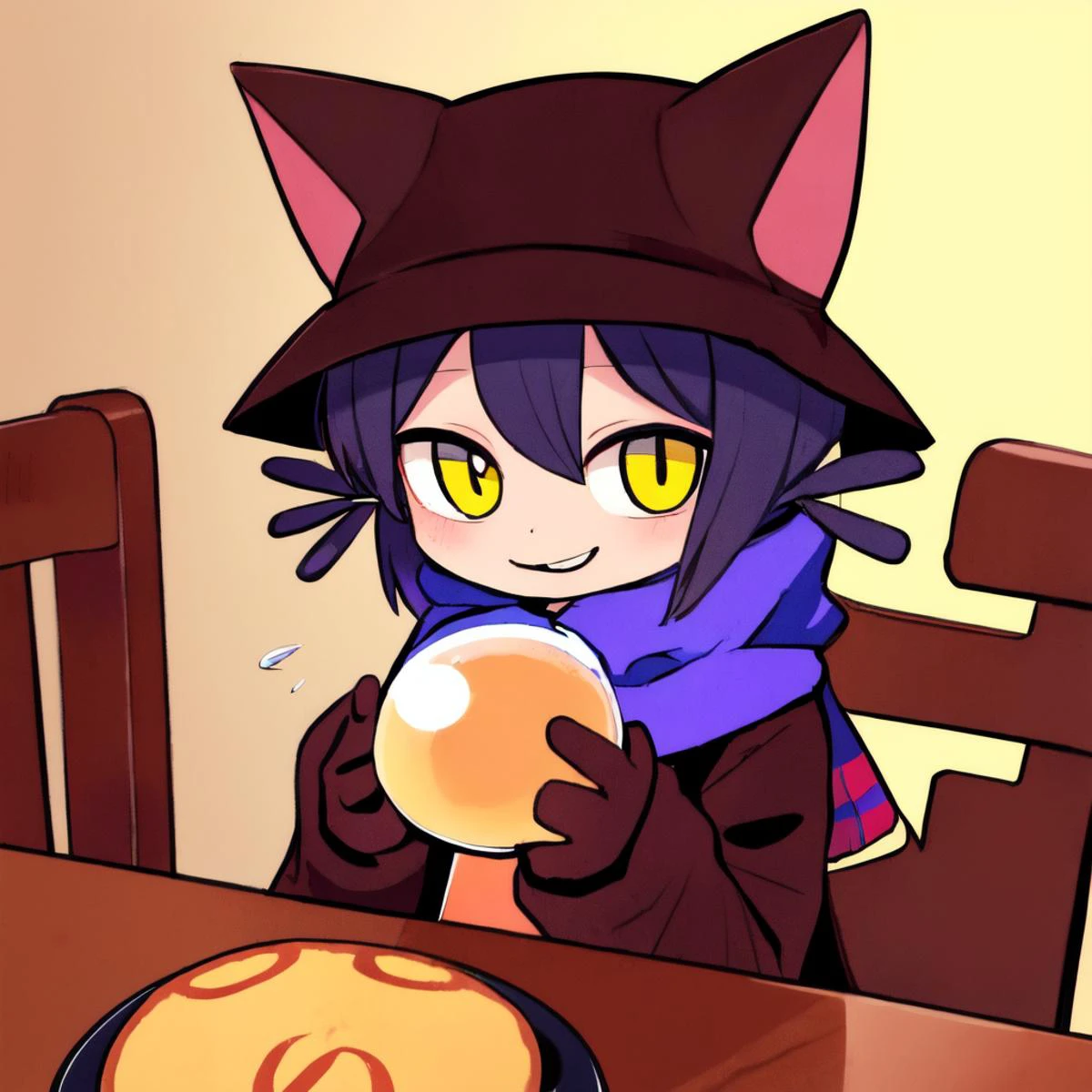 absurdres,masterpiece,<lora:niko:0.9>,1girl,niko,hat,scarf,fur,cat ears,sitting at a small table,pancakes on table,smile,looking at viewer,holding a giant lightbulb,
