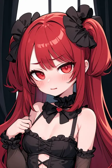 (masterpiece, best quality), 1girl, red hair, medium chest, gothic frill dress, pervert face,