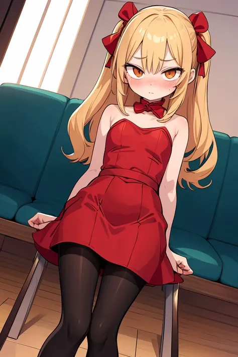 (masterpiece, best quality), 1girl, blonde hair, red dress, pantyhose, cute face, blush,