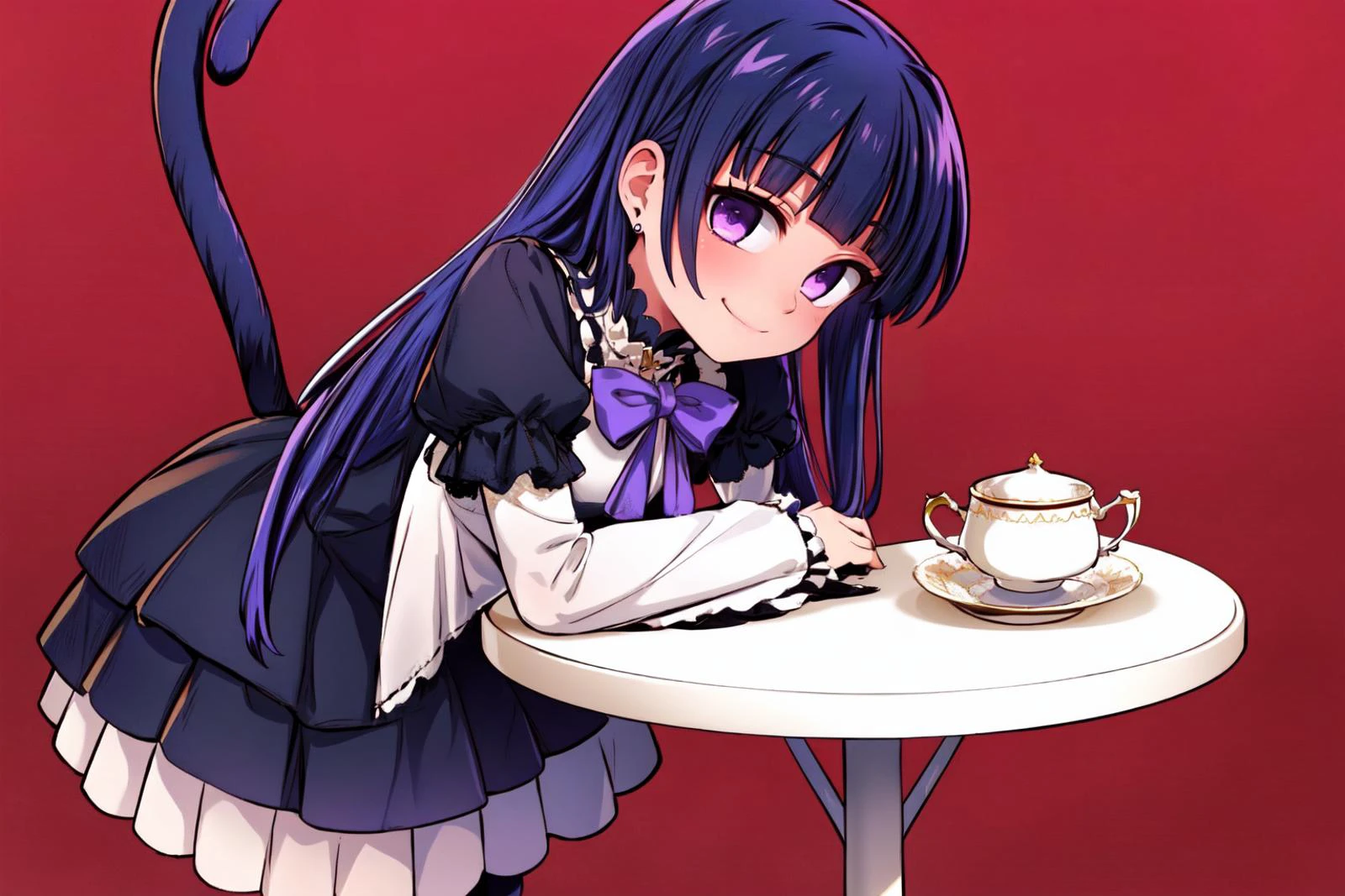 (masterpiece:1.2, best quality:1.2), <lora:more_details:0.45>, (smile), ((closed mouth)), 1girl, slave collar, looking at viewer, ribbon, mixed color hair, ((bedroom)), (((mansion, table, chair, estate, realistic background))), standing, teacup, (cowboy shot), solo, embroidery, jewelry, accessories, <lora:Frederica Bernkastel anything45pruned46r75r:0.7> , frederica bernkastel, solo, 1girl, dress, long hair, blue hair, purple eyes, layered sleeves, long sleeves, bow, puffy sleeves, short over long sleeves, short sleeves, black dress, sleeves past wrists, frills, purple bow, cat tail