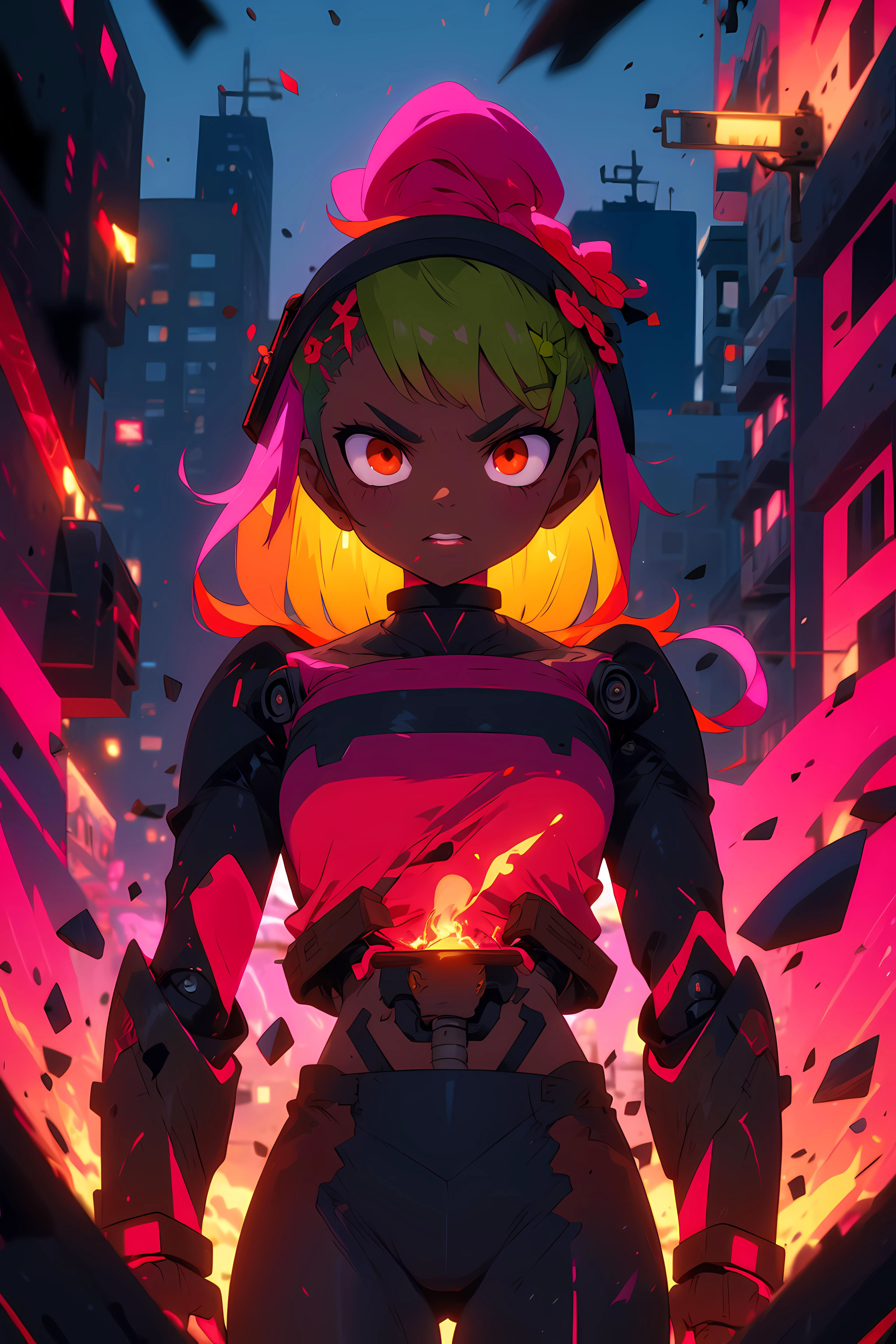 <lora:Cyberpunk sceneV1:0.6> city, futuristic, neon, street, night, lights, buildings, signs, background <lora:AmaliaWakfu:0.8> 4M4L14, green hair, flower, dark-skinned female, dark skin, long hair, hair ornament, brown eyes, tube top, cyberpunk. mechanical limbs, mechanical joints, cybernetic augmentation, plants, <lora:r1ge - AnimeRage:0.9> ((r1ge, glowing, flying debris, magic, aura, energy, (pink theme:1.2))) cyberpunk fashion,