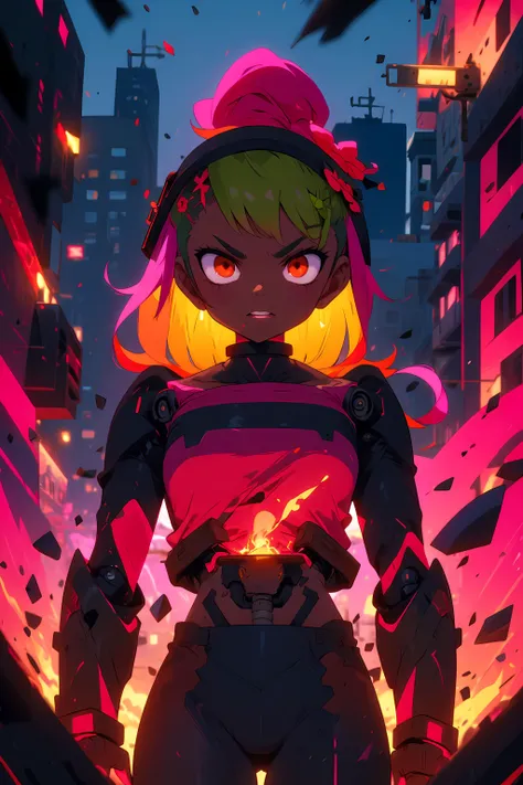 <lora:Cyberpunk sceneV1:0.6> city, futuristic, neon, street, night, lights, buildings, signs, background <lora:AmaliaWakfu:0.8> 4M4L14, green hair, flower, dark-skinned female, dark skin, long hair, hair ornament, brown eyes, tube top, cyberpunk. mechanical limbs, mechanical joints, cybernetic augmentation, plants, <lora:r1ge - AnimeRage:0.9> ((r1ge, glowing, flying debris, magic, aura, energy, (pink theme:1.2))) cyberpunk fashion,