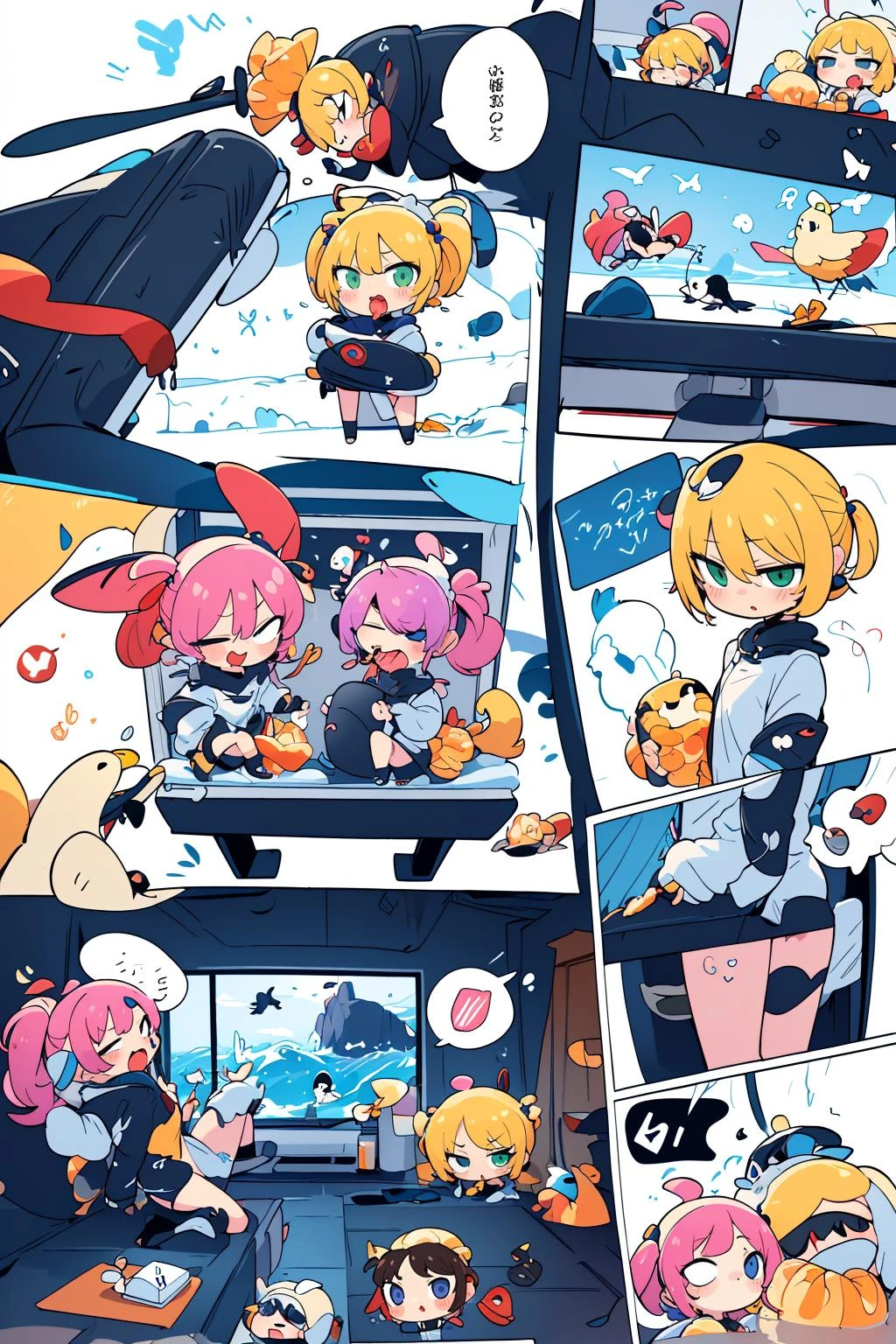 ((masterpiece)), (best quality), official art, extremely detailed CG, unity 8k wallpaper, ultra detailed,
multiple girls, multicolored_clothes, shrimp tempura, aurora, surfing, bird, clothed_animal, speech bubble,
(chibi:1.4),
comic_panel_layout, <lora:mangapolonia:0.9>