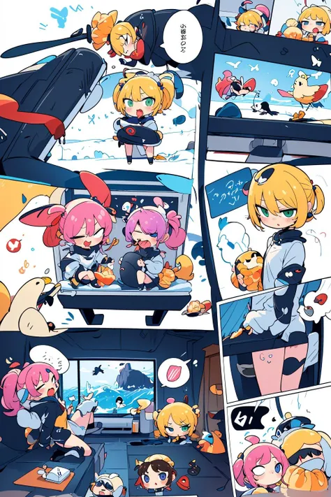 ((masterpiece)), (best quality), official art, extremely detailed CG, unity 8k wallpaper, ultra detailed,
multiple girls, multicolored_clothes, shrimp tempura, aurora, surfing, bird, clothed_animal, speech bubble,
(chibi:1.4),
comic_panel_layout, <lora:mangapolonia:0.9>