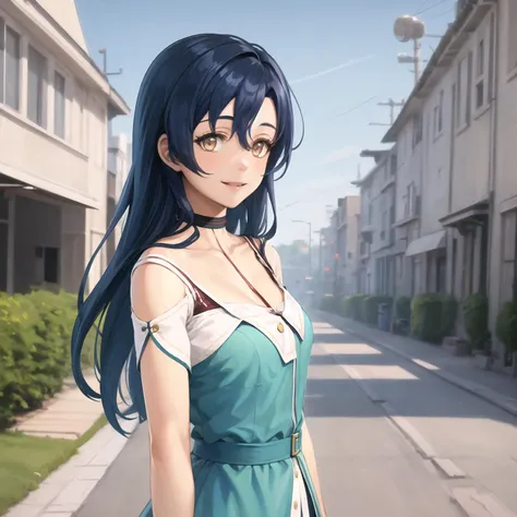 best quality, (masterpiece:1.2), illustration, absurdres,
(1girl, solo), (beautiful detailed girl),
<lora:Nina-06:0.8>, Nina Fenly, dark blue hair, long hair, brown eyes, petite, thin, small breasts,
green blouse, choker,
smile, happy, looking at viewer,
prairie, sky, blurry background, depth of field