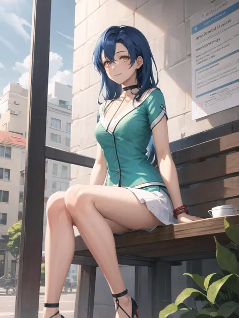 best quality, (masterpiece:1.2), illustration, absurdres,
(1girl, solo), (beautiful detailed girl),
<lora:Nina-06:0.8>, Nina Fenly, dark blue hair, long hair, brown eyes, petite, thin, small breasts,
green blouse, white skirt, laced skirt, (red high heels:1.1), choker, bracelet,
inside trendy cafe, window, day, godrays, sunlight, buildings,
floating dust, light particles, vivid colors,
gentle, (smile:0.8), sitting, ((looking at viewer))
