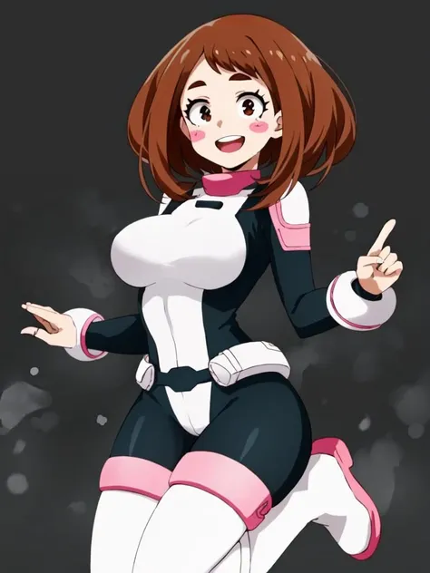 ochaco_uraraka, 1girl, blush_stickers, bodysuit, open_mouth, solo, boots, breasts, superhero, looking_at_viewer, clenched_hands, teeth, belt, rubble, blush, angry, debris, black_bodysuit, sitting, :o, indoors, high_heel_boots, v-shaped_eyebrows, blurry, nippu resu,titjob,paizuri,large breasts, puffy nipple,penis