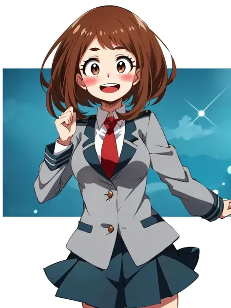 uraraka_ochako boku no hero academia 1girl, thick_eyebrows blush_stickers, brown_hair, brown_eyes, short_hair, sideburns,  medium breasts skindantation smile  :D blush  <lora:ochako:0.5> u.a._school_uniform, grey_jacket long_sleeves, white_shirt red_necktie, mos green pleated_skirt, black stocking:1.5