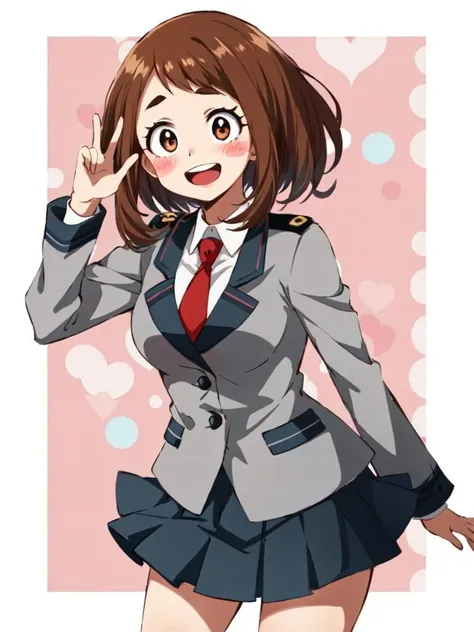 uraraka_ochako boku no hero academia 1girl, thick_eyebrows blush_stickers, brown_hair, brown_eyes, short_hair, sideburns, medium breasts skindantation smile :D blush <lora:ochako:0.5> u.a._school_uniform, grey_jacket long_sleeves, white_shirt red_necktie, mos green pleated_skirt, black stocking:1.5