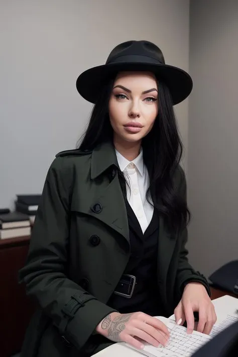 DEN_eliin_OF,
(a 1940s private investigator wearing a trench coat and rimmed hat sitting in a drab dank office at the desk using a typewriter, private investigator, 1940s:1.2),
bokeh, f1.4, 40mm, photorealistic, raw, 8k, textured skin, skin pores, intricate details  <lora:epi_noiseoffset2:1>, epiCRealism <lora:ClothingAdjuster3:-1.3>