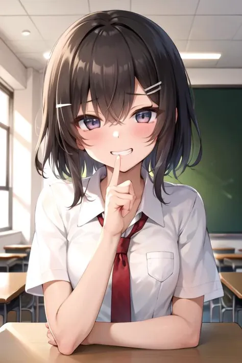 (masterpiece, best quality), 1girl, ((tanned)), schoolgirl, short hair, shag hair, hairclip, brown hair, grin, upper body, school, classroom, <lora:wolf_cut:0.4> <lora:mdastarou768:0.4> <lora:egami_v0.1:0.3>