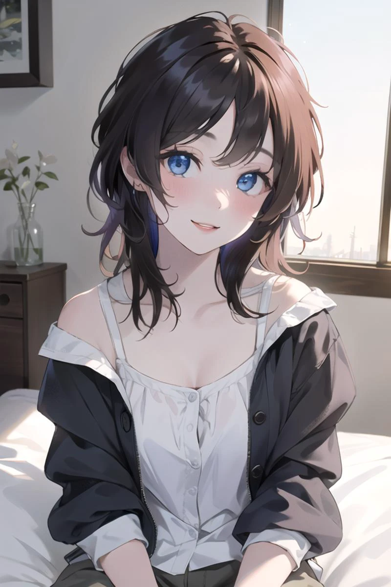 (masterpiece, best quality), (realistic, photorealistic, RAW photo), 1girl, young, medium_hair, messy hair, shell_hair_ornament, blue_eyes, breasts, loose_clothes, slim, smile, blush, looking at viewer, bedroom, gomzi, <lora:GoodHands-vanilla:0.8> <lora:Lgirl-v6_500steps:1> <lora:gomiz:0.4> <lora:hamichichiB:0.2> <lora:colorful world_20230606112956:0.4> <lora:kantoku_v0.1:0.1> <lora:wolf_cut:1>