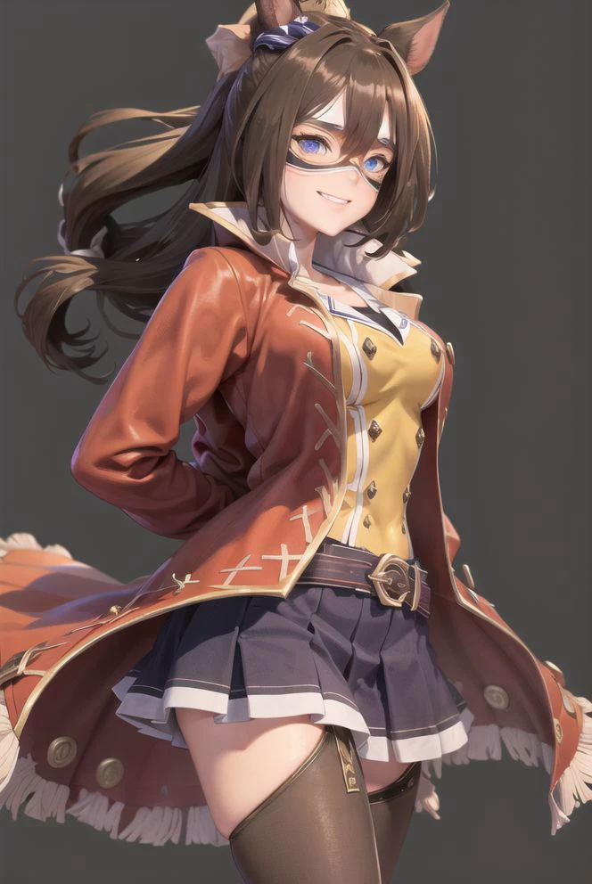 anime, masterpiece, best quality, ultra-detailed, illustration, 1girl, solo, (extremely detailed CG unity 8k wallpaper), highly detaile, <lora:elCondorPasaUmamusume_resized:1>, el condor pasa \(umamusume\), (domino mask), sailor collar, long sleeves, yellow shirt, buttons, (red coat), open coat, belt, pleated skirt, blue skirt, miniskirt, black thighhighs, red footwear, high heels, smile, cowboy_shot, (Arms behind back)