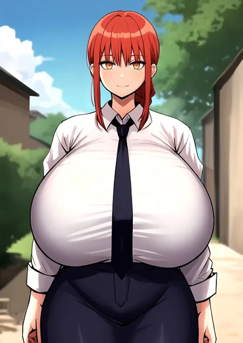<lora:GoodHands-beta2:1> 1girl, <lora:makima_offset:0.8> makima \(chainsaw man\), standing, red hair, long braided hair, golden eyes, bangs, white shirt, necktie, stare, smile, ringed eyes, black necktie, closed mouth, wide hips, cowboy shot, gigantic breasts, outdoors,
<lora:ponkotsuu-10:0.8>