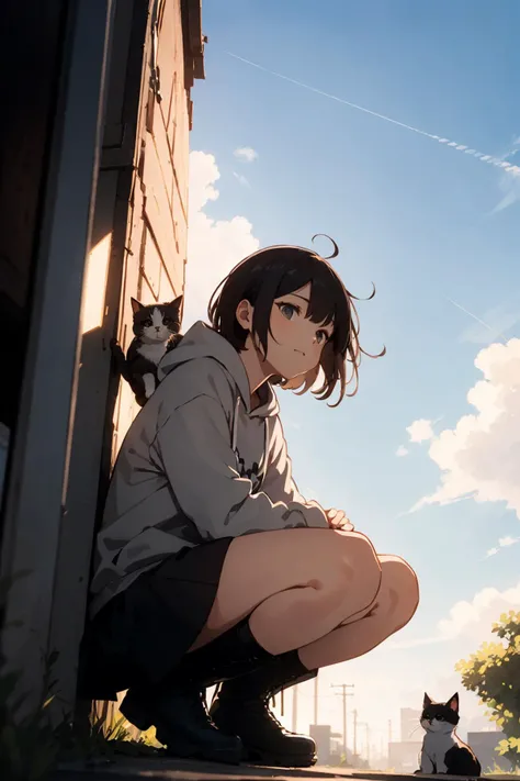 ultra detail, detailed background, dynamic angle, girl solo, short hair, hoodie, squatting, chiffon skirt, boots, looking up the sky, dusk, from below, too many cats sitting,