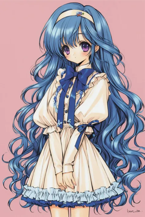 1girl,solo,long hair,blue hair,blue eyes,dress,very long hair,blush,hairband,ribbon,bow,wavy hair,fashion,frills,purple eyes,long sleeves,simple background,<lora:Ramiya Ryou_XL:0.8>,