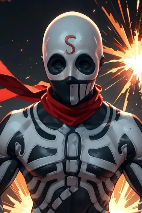 Skullomania, bodysuit,skin tight, red scarf, S on forehead,
solo, upper body, standing, pose,
explosion in background,
(insanely detailed, beautiful detailed face, masterpiece, best quality) cinematic lighting,
<lora:Skullomania:0.8>