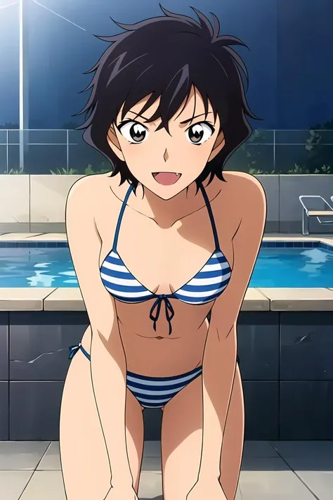 ((masterpiece)),((best quality)),ultra-detailed,illustratio,Explicit,nsfw,Beautiful body,Beautiful Nose,Beautiful character design,perfect eyes,perfect face,wallpaper,ultra highres,
4K,photography,(Beautiful, small breasts:1.2),(beautiful face:1.2),(beautiful legs, perfect legs),(meitantei conan \(style\), detecive conan \(style\), meitantei conan),
shiny skin,anime screencap,official style,Sera Masumi,1girl,solo,swimsuit,bikini,fang,black hair,short hair,striped,striped bikini,smile,front-tie top,black eyes,breasts,navel,fang out,leaning forward,cleavage,collarbone,looking at viewer,night,street,outdoor,<lora:Sera Masumi:0.7>,poolside,Swimming pool,water,lifebuoy,