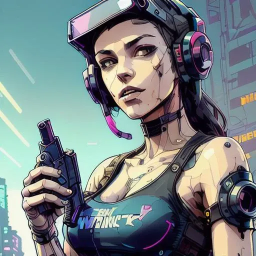 nvinkpunk,Attractive brunette woman, (smirking at camera:1.0),tight shorts, clear visor, (posing with a gun:1.5), highly detailed, (trending on artstation:1.1), (cyberpunk city background:1.3), artstyle by rockstar games, full view