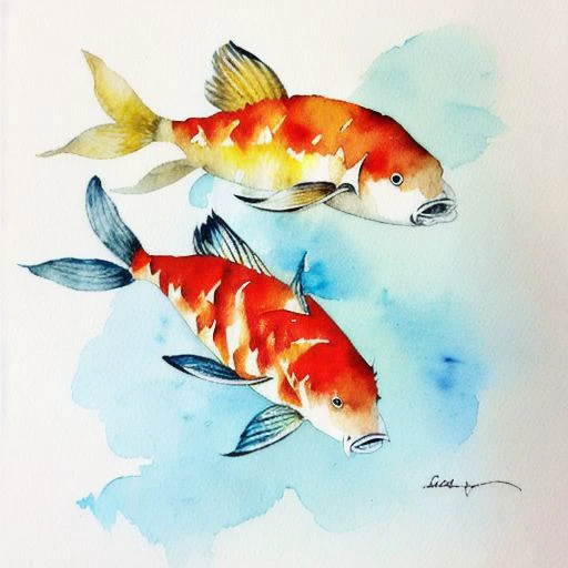 Watercolor painting of 3 koi fish, waves, sunlight, 8k