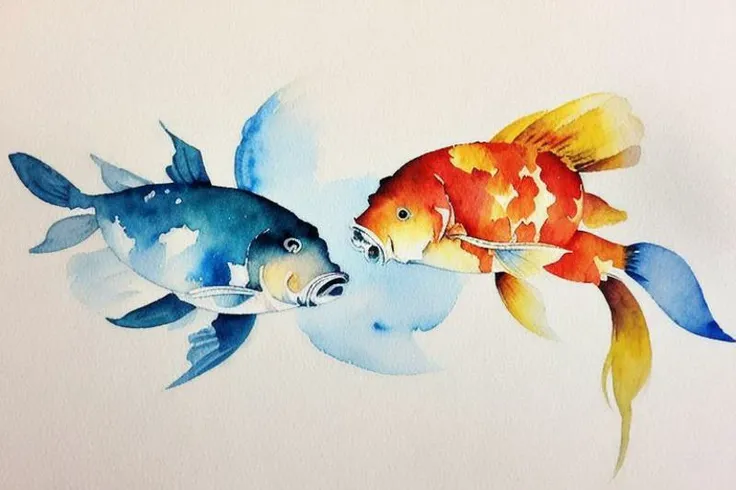 Watercolor painting of 3 koi fish, waves, sunlight, 8k