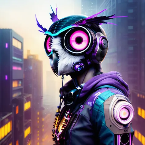 Cybernetic owl person leaning against a building, nvinkpunk style, (owl head), large head, feathers, (cyberpunk), (purple eyes), highly detailed, CGI, beautiful, punk, (sharp detail), art by artgerm