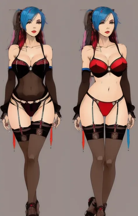 (nvinkpunk:1.2) ((full body)) back view and front view beautiful woman  of standing, (brown skin), ((long straight blue hair with red ribbon), (red lips)), in ((black lingerie)) lace (sexy), (nice legs with stockings), ((red thong)),(pretty face and earrings), (beautiful red slippers), (((big hip))) wide hip, ((big breasts)), ((beautiful  dinners)), digital painting, artstation, ((3 head proportions))