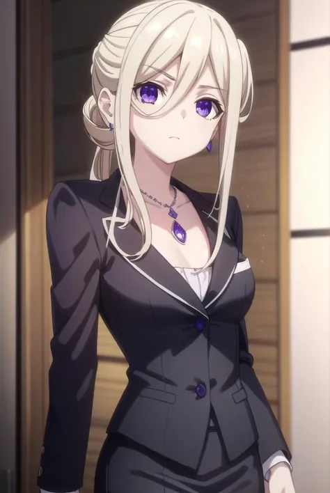 ellenmiramathers, <lora:ellen mira mathers s2-lora-nochekaiser:1>,
ellen mira mathers formal, long hair, blonde hair, (purple eyes:1.1), jewelry, earrings, necklace, formal, suit, black suit, skirt, pencil skirt, black skirt, pantyhose,
BREAK ,
BREAK indoors, office,
BREAK looking at viewer, (cowboy shot:1.5),
BREAK <lyco:GoodHands-beta2:1>, (masterpiece:1.2), best quality, high resolution, unity 8k wallpaper, (illustration:0.8), (beautiful detailed eyes:1.6), extremely detailed face, perfect lighting, extremely detailed CG, (perfect hands, perfect anatomy),