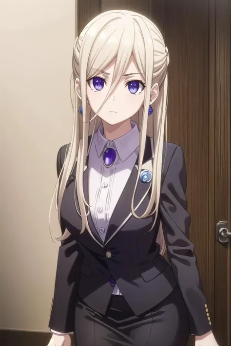 ellenmiramathers, <lora:ellen mira mathers s2-lora-nochekaiser:1>,
ellen mira mathers formal, long hair, blonde hair, (purple eyes:1.1), jewelry, earrings, necklace, formal, suit, black suit, skirt, pencil skirt, black skirt, pantyhose,
BREAK ,
BREAK indoors, office,
BREAK looking at viewer, (cowboy shot:1.5),
BREAK <lyco:GoodHands-beta2:1>, (masterpiece:1.2), best quality, high resolution, unity 8k wallpaper, (illustration:0.8), (beautiful detailed eyes:1.6), extremely detailed face, perfect lighting, extremely detailed CG, (perfect hands, perfect anatomy),