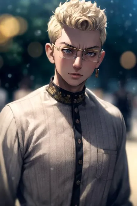 photorealistic, (4k), depth of field, (Masterpiece), (realistic skin texture), extremely detailed, intricate, hyper detailed, high resolution, professional photography, bokeh, depth of field, sharp detail, best quality, , 1boy, solo, male focus, <lora:tetta_kisaki:0.86>, tetta_kisaki, blonde hair, grey eyes, , , , superhero costume, time travel,