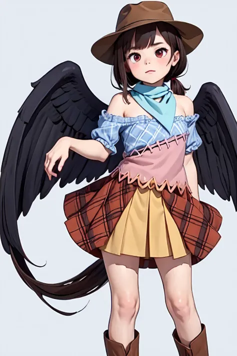 masterpiece,(best quality, high quality, highres:1.2), red eyes, black hair, short hair, long ponytail, (black wings:1.2), (black horse tail), (brown cowboy hat), (brown boots), ((light blue plaid shirt)), ((light pink shirt)), ((brown plaid skirt)), ((light orange skirt)), (shoulders), (white bandana tied around neck:1.2), standing, (megami_magazine:1), (white outline vector art:0.7), (anime_coloring:1), <lora:Saki_LoRA:0.8>